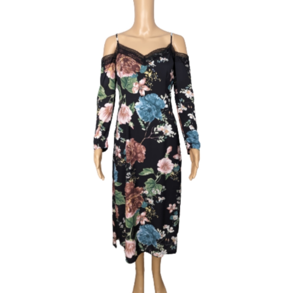 Bardot Black Amelia Black Floral Print Off Shoulder Long Sleeve Dress 6